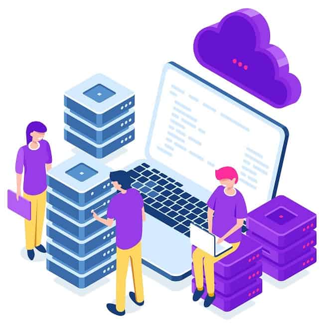 Cloud data storage, remote backup of files, data center and database isometric concept, internet warehouse, laptop cartoon people